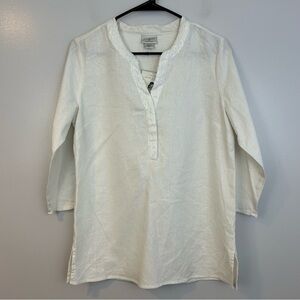 NWT Jaclyn Smith Linen Blend White Sequin Split Neck Tunic/Blouse Size Small